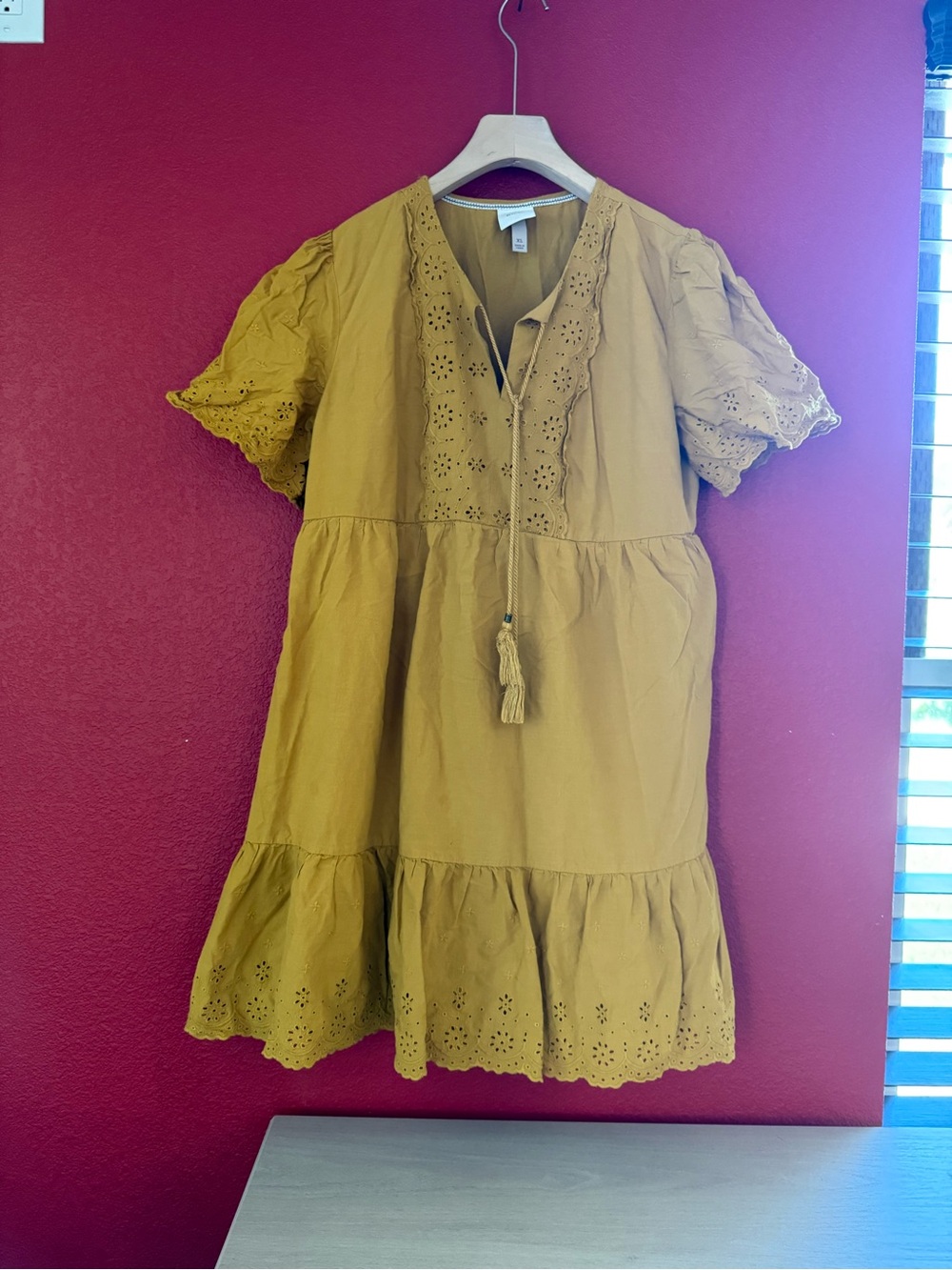 Knox Rose Mustard Eyelet Tiered Mini Dress with Tassel